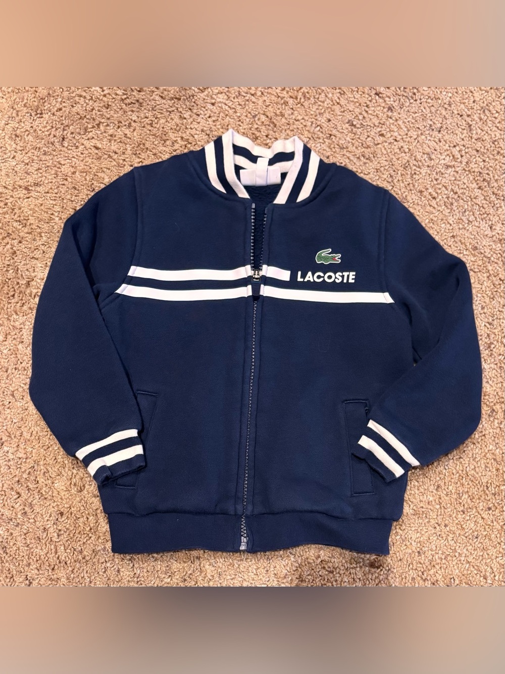 Lacoste Kids Navy Zip-Up Jacket with White Stripe Accents